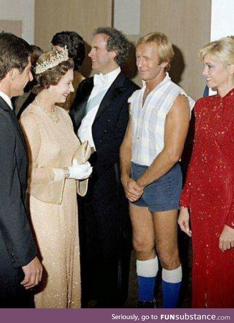 Crocodile Dundy meeting the Queen, circa 1985