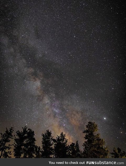 A picture I took of the galactic core and Jupiter rising over Red Feather Lakes, CO