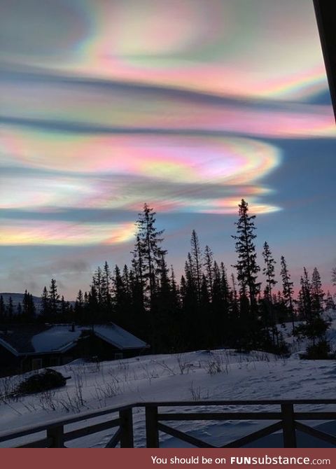 A rare phenomenon called nacreous clouds. They are formed high up in the atmosphere, at