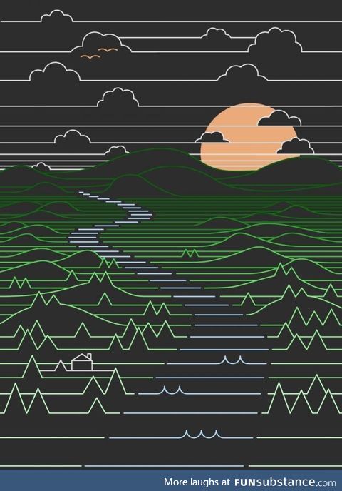 Trippy how the eye creates depth when there is none. Linear art landscape series, by me!
