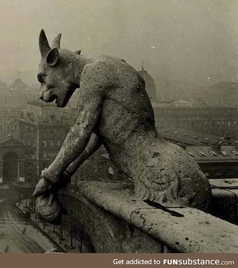 The Gargoyle of Notre Dame overlooking Paris, circus 1910