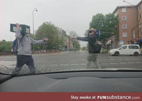 Two germans carrying beer meet at a traffic light