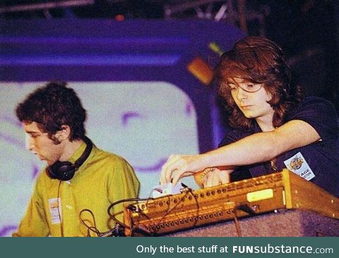 Daft Punk performing without their helmets, c. 1995
