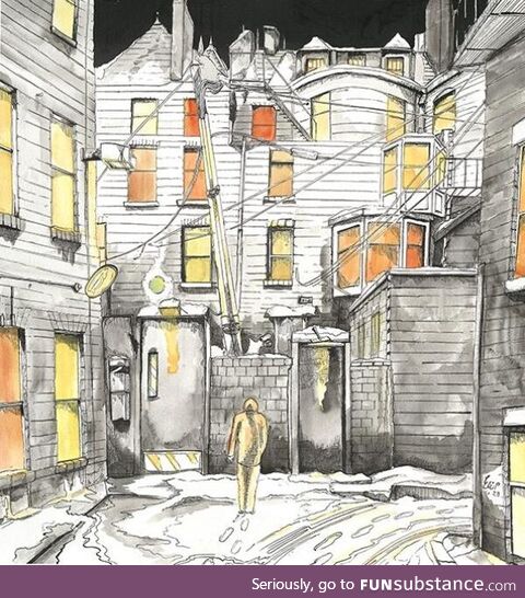 "A Dark Alley With Bright Windows" Pen and Ink, Waterclor on Paper,