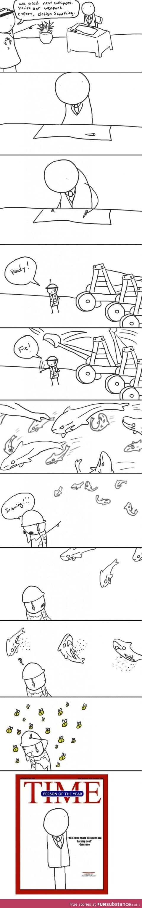 Bee-filled shark catapults