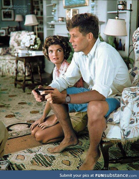 John F. Kennedy showing Jackie an MLG 360 no-scope in Modern Warfare 2, 1952 colorised