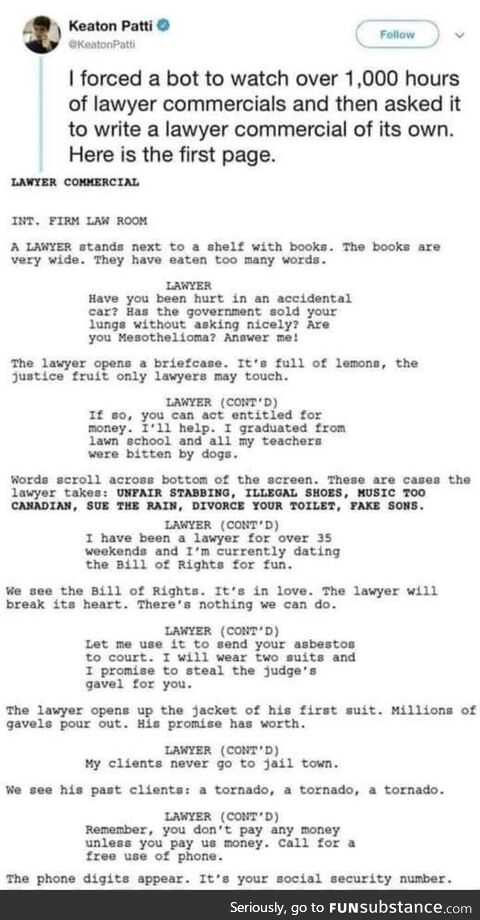 Bot-generated lawyer commercial