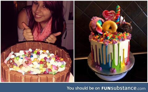 My first ever crazy candy cake vs one of my latest ones