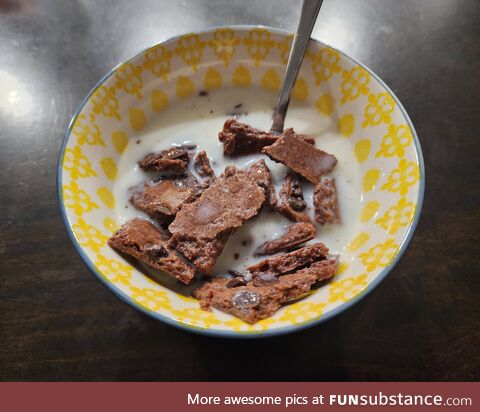 I'm eating a bowl of crispy brownies in milk. Not my proudest moment, but it's a