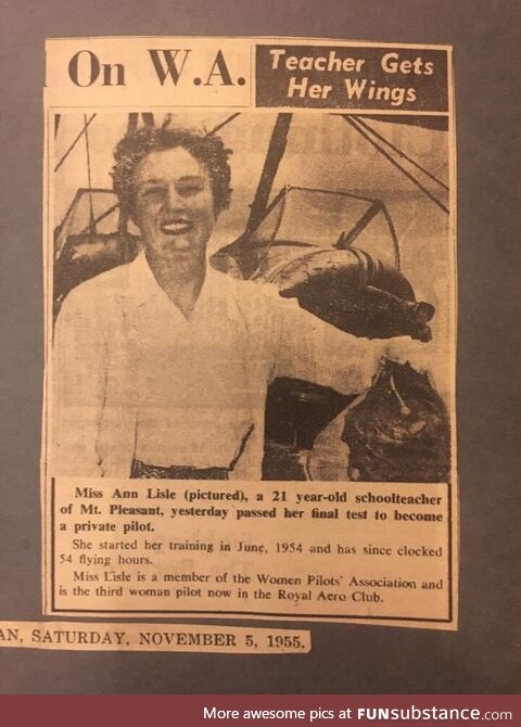My grandmother in 1955, one of the first female pilots in south west australia