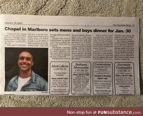 Annual men & boys sausage dinner at church with guest speaker - p*rn star turned pastor