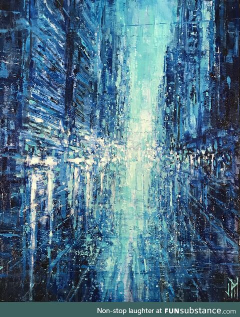 Rainy cityscape I painted in blue tones