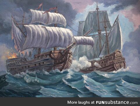 Battle of ships. My oil painting. Oil on canvas