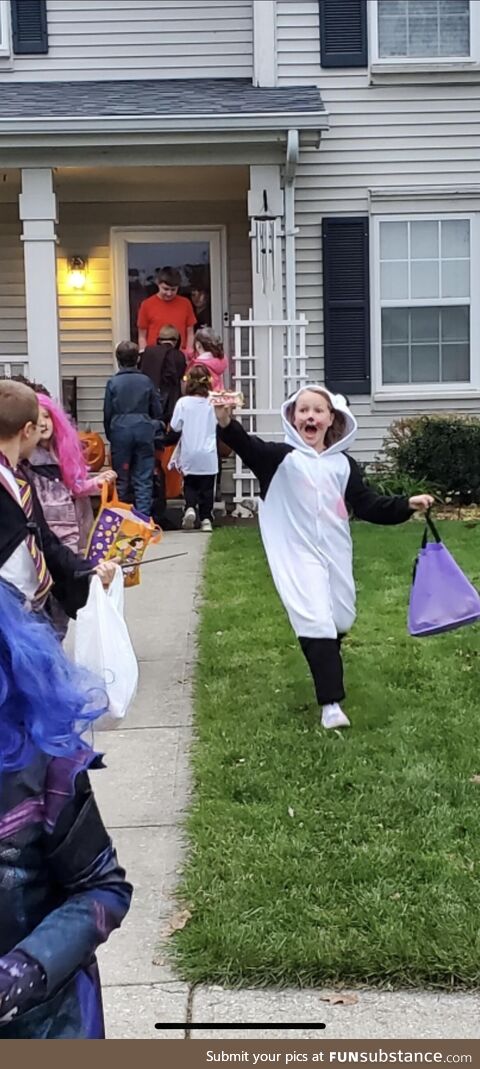 The joy of being a kid. Got a full size candy bar and you would have thought my daughter