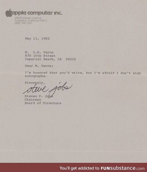 In 1983, a man from California wrote to Steve Jobs requesting an autograph