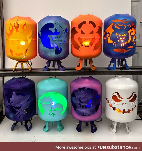 Festive Lamps I made from Reclaimed Refrigerant Tanks, I call them Tank-O-Lanterns
