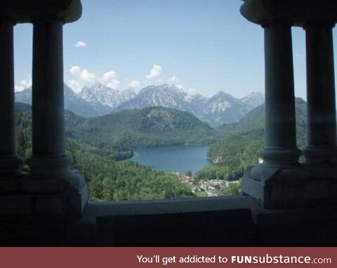 View from the kings bedroom balcony of Neuschwanstein castle in Germany