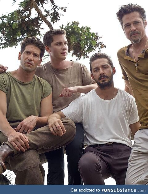 Jon Bernthal, Logan Lerman, Shia LaBeouf and Brad Pitt on set of “Fury”, 2014