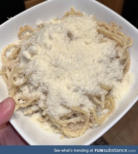 The amount of Parmesan my husband puts on his pasta