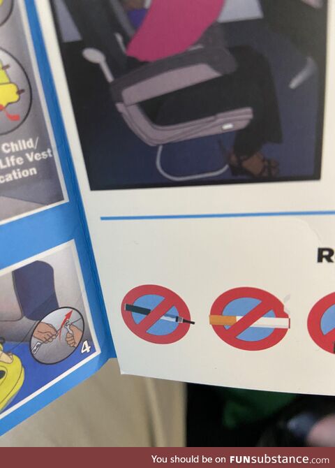 We were on the airplane, and my 5-year old picks up the safety/rules pamphlet in the seat