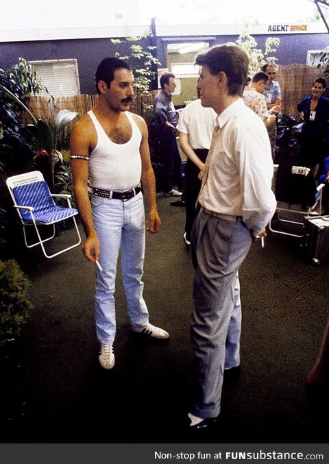 David Bowie and Freddie Mercury backstage at Live Aid