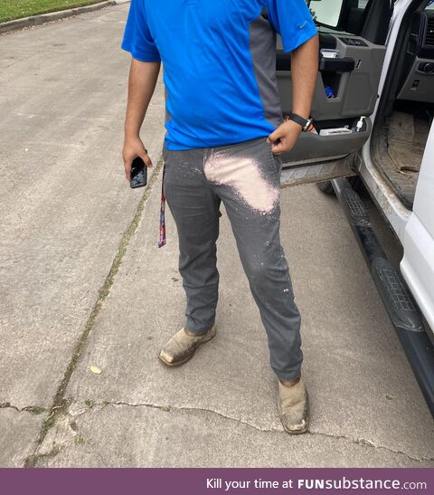 My coworker had chlorinated water sprayed his pants and left the following bleached area