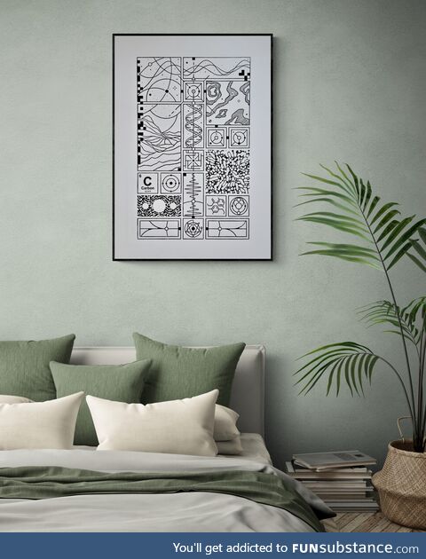 Home decorating with linocut that I made " carbon based lifeform" 70x100cm