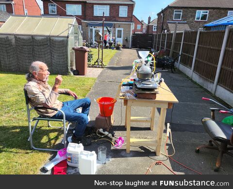 A cowboy is in my nans yard making silver crystals
