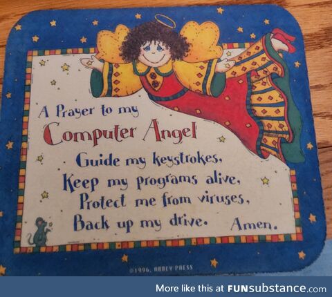 My religious grandma's mousepad from her computer room