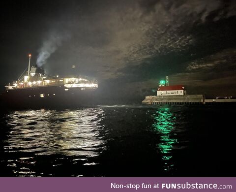 Ship leaving harbor in Duluth, MN