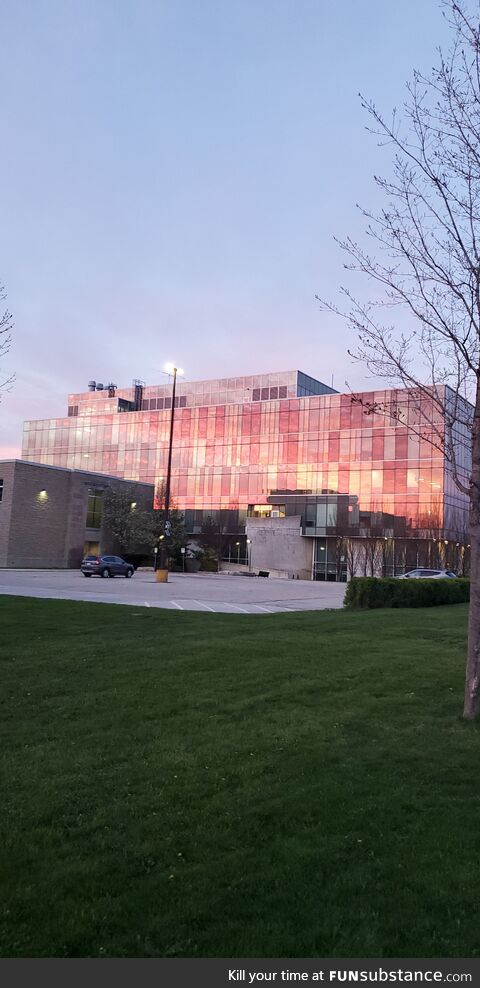 [OC] Reflection of the sunset in this building