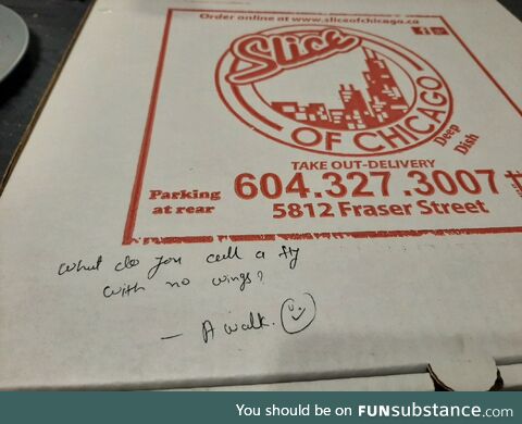 I asked a local pizza place to write a joke on the box. I'm glad they did