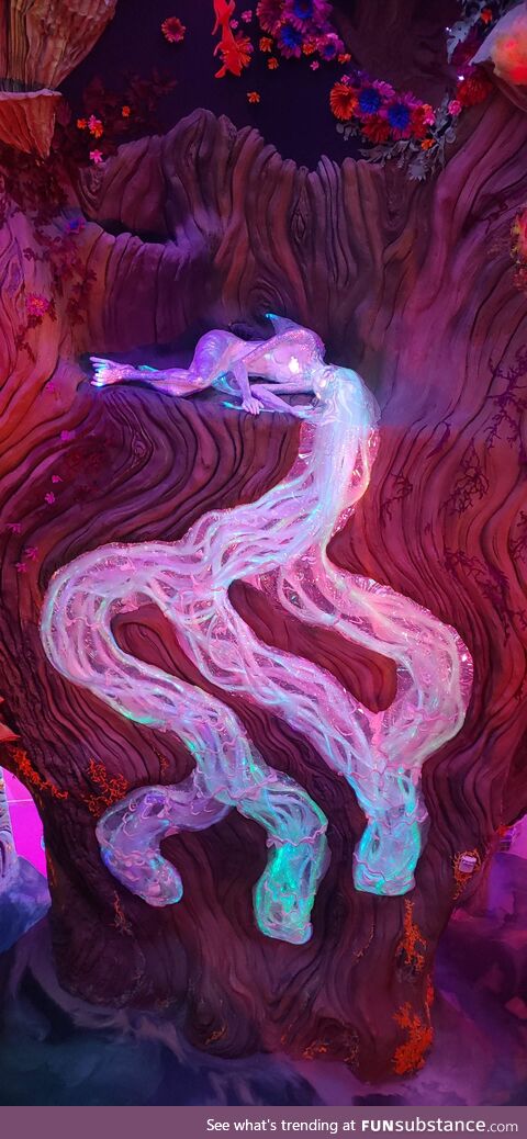 Mermaid at Meow Wolf exhibition, her hair flows down the 2 floors below
