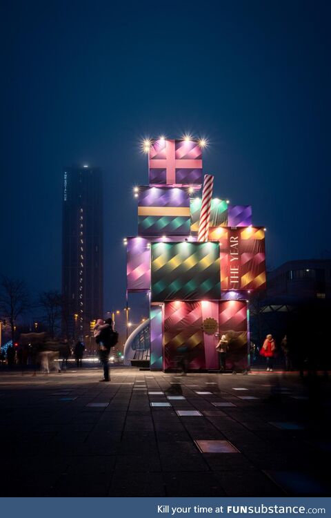 A massive pile of Christmas presents in the centre of Eindhoven