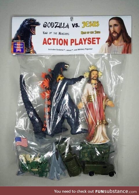 Godzilla vs. Jesus Action Playset — spotted by my brother in the Philippines