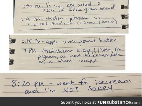 Skimmed through my pregnant wife’s food log over the past couple weeks and can’t stop