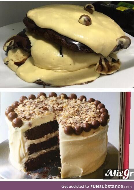 Sooo I tried to make a malt cake. Bottom picture is how it was meant to turn out, top