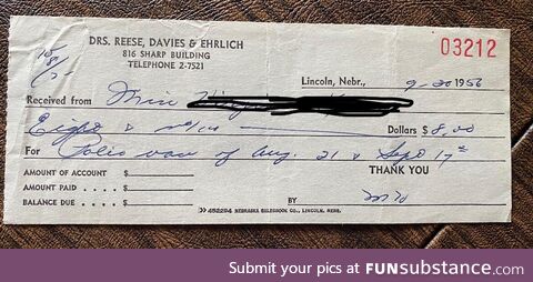 My grandma's 1956 polio vaccine receipt. It wasn't even free