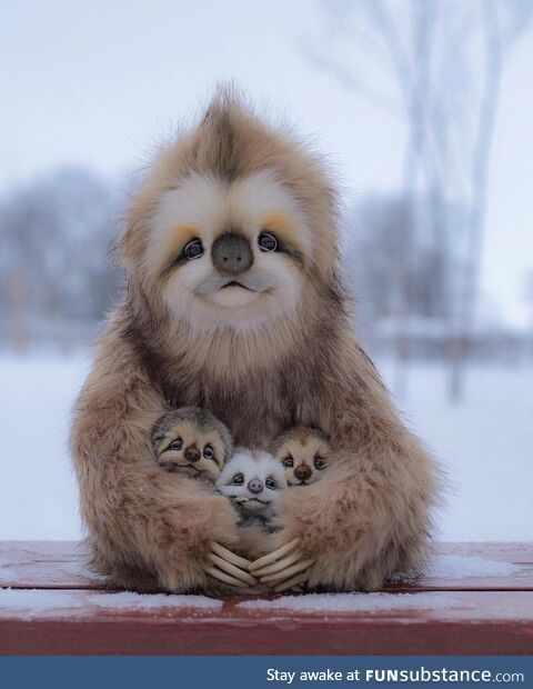 A sloth with her 3 babies