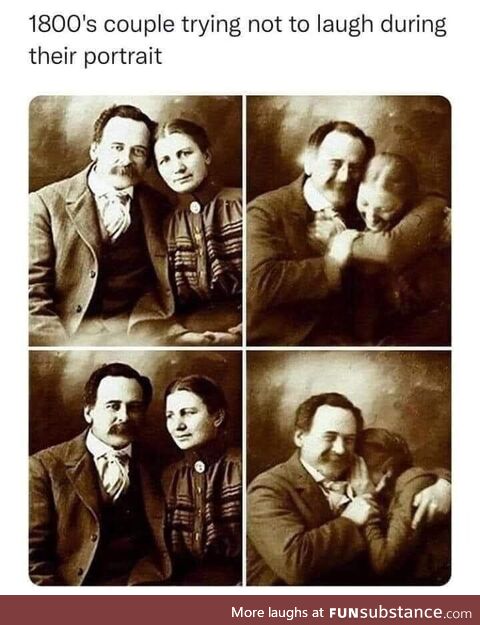 1800's couple trying not to laugh during their portrait