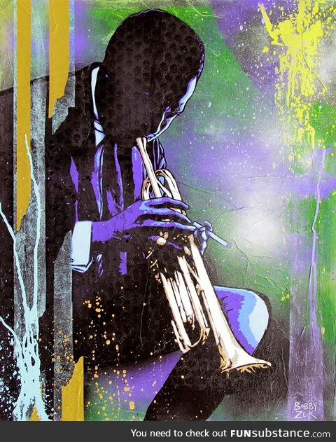 My Miles Davis portrait "Miles Away" - spray paint and mixed media on canvas, 24 x 30