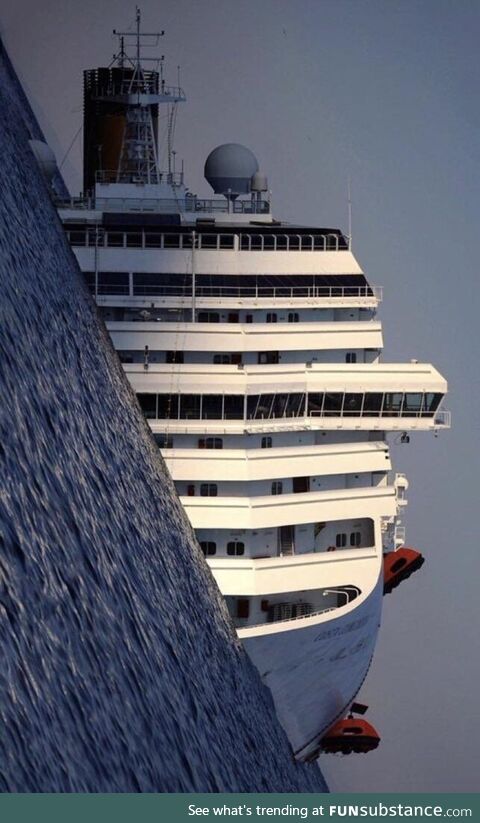 The wreck of the Costa Concordia in 2012. 32 people died when the ship collided with a