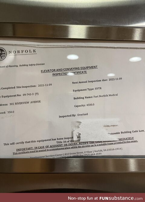 I noticed my elevator was inspected by “overlord”!