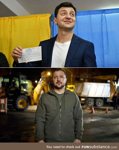 President of Ukraine Volodymyr Zelenskyy during his election in 2019 vs Now