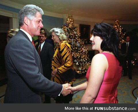 Future TV producer and designer Monica Lewinsky is greeted by Pres. Bill Clinton at the