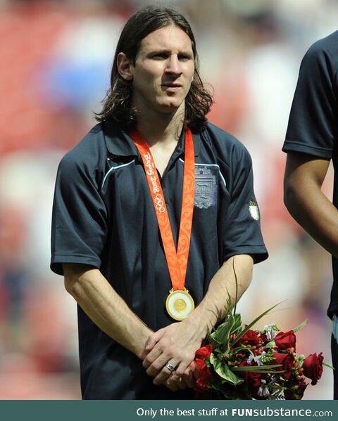 A 21-year-old Lionel Messi winning Olympic Gold Medal for ARG at 2008 Beijing Summer Games