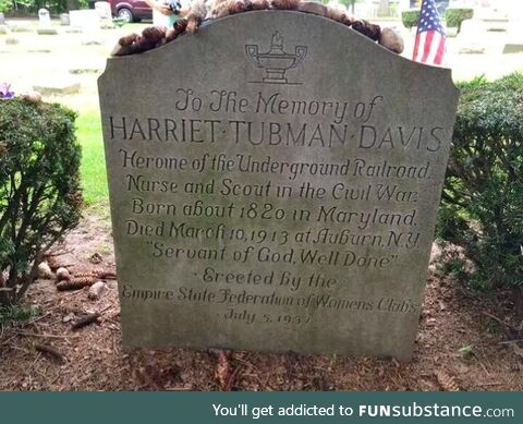 The back of Harriet Tubman's grave at Fort Hill Cemetery in Auburn, New York