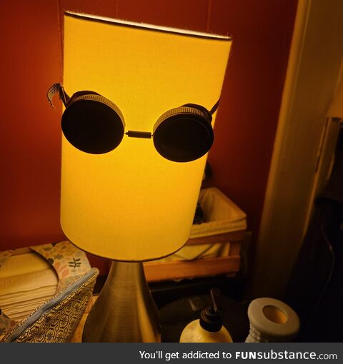 Wife put her Rennaissance Faire goggles on her bedside lamp