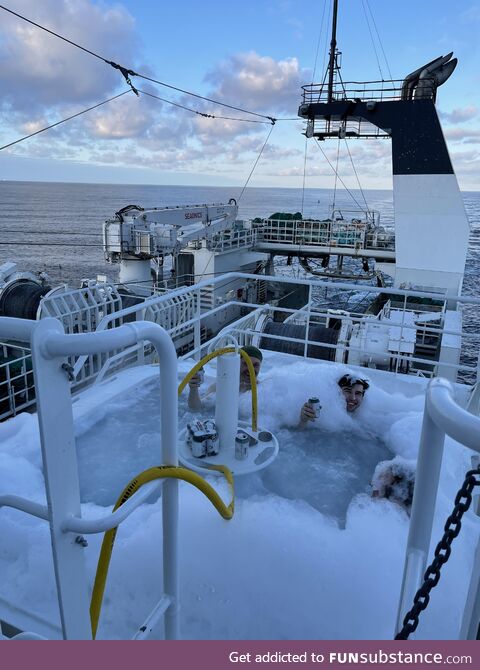 Out in the North Pole fishing. Jacuzzing on our break :)