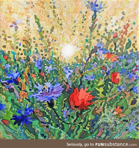 Fresh summer sunrise, size 8 x 8 x 0.6 inches, watercolor on paper and canvas